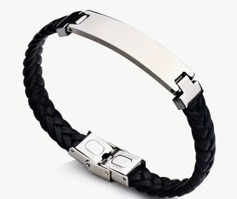 Silver Stylish Stainless Steel Faux Leather Bracelet