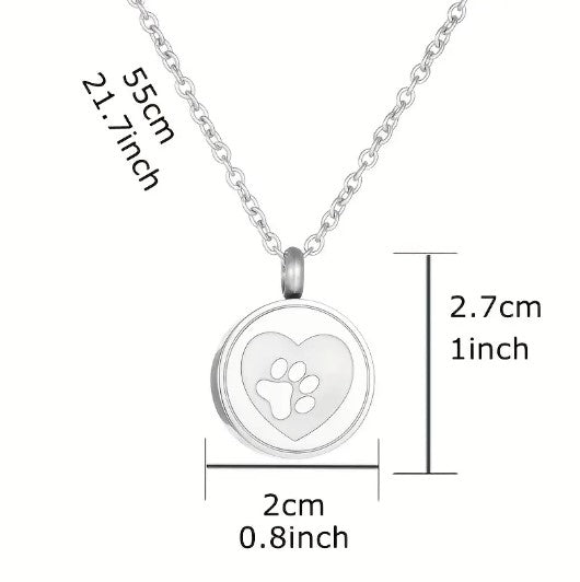 Silver Stainless Steel Memorial Urn Paw Pattern Round Pendant Necklace