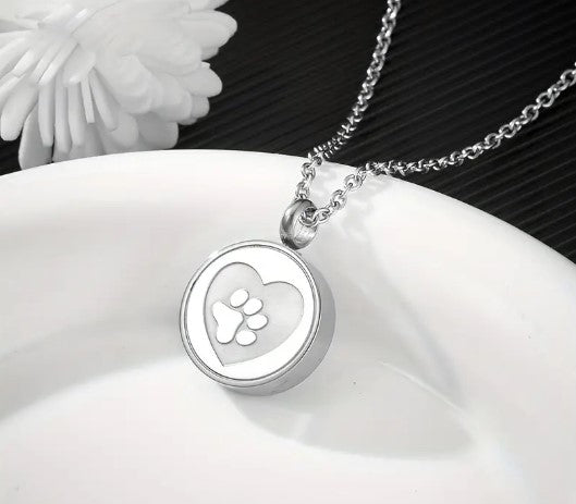 Silver Stainless Steel Memorial Urn Paw Pattern Round Pendant Necklace