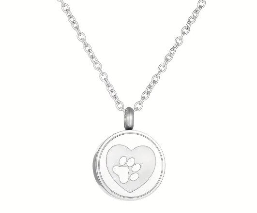 Silver Stainless Steel Memorial Urn Paw Pattern Round Pendant Necklace